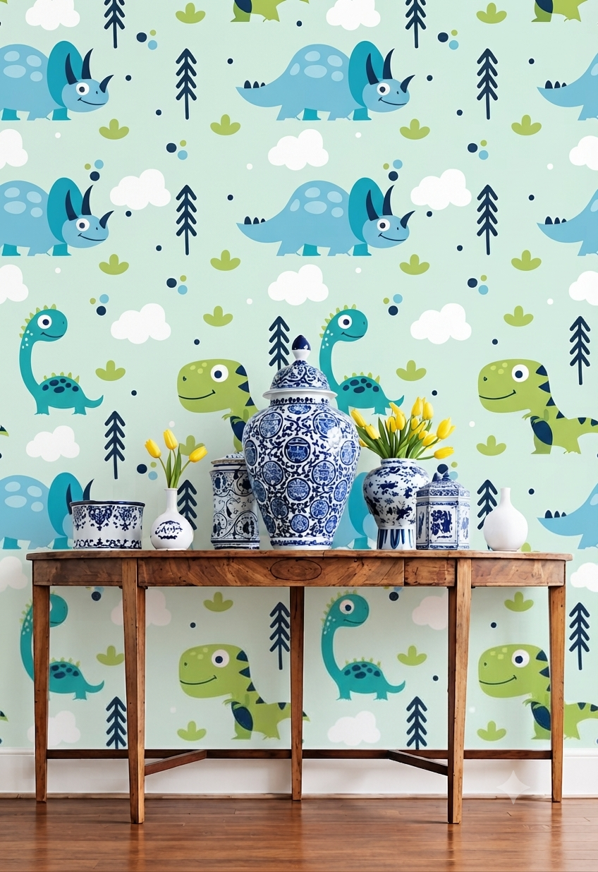 Cute Blue & Green Dinosaur Nursery Wallpaper - Mint Trees Kids Room Wall Mural