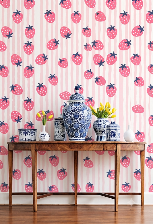 Pastel Pink Strawberry Wallpaper - Cute Fruit & Stripes Baby Girl Wall Mural