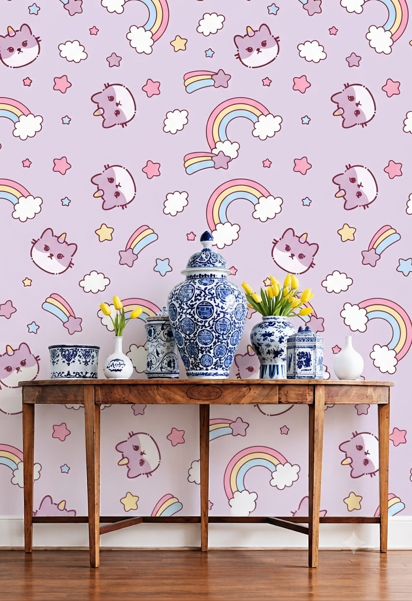 Cute Caticorn & Rainbow Lavender Wallpaper - Stars & Clouds Kids Room Wall Mural