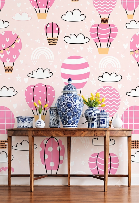 Pink Hot Air Balloon & Rainbow Nursery Wallpaper - Pastel Clouds & Stars Baby Girl Room Peel and Stick / Traditional Wall Mural