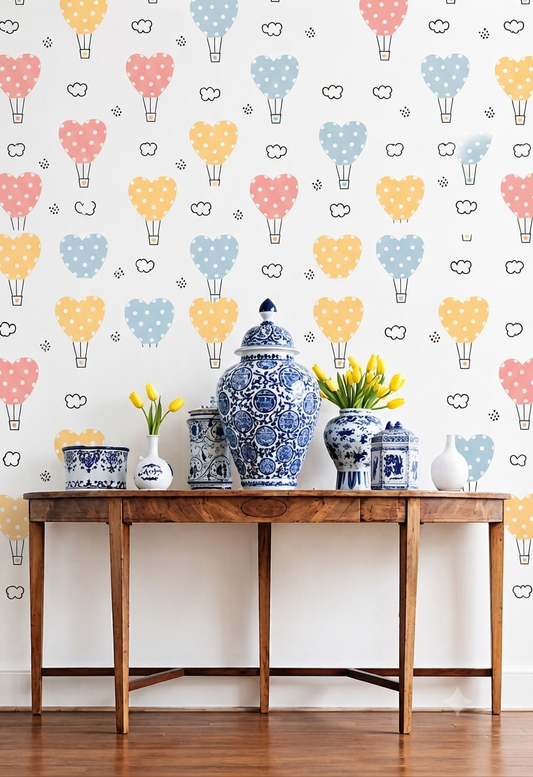 Heart Hot Air Balloon Nursery Wallpaper - Pastel Polka Dot Balloon Kids Room Peel and Stick / Traditional Wall Mural