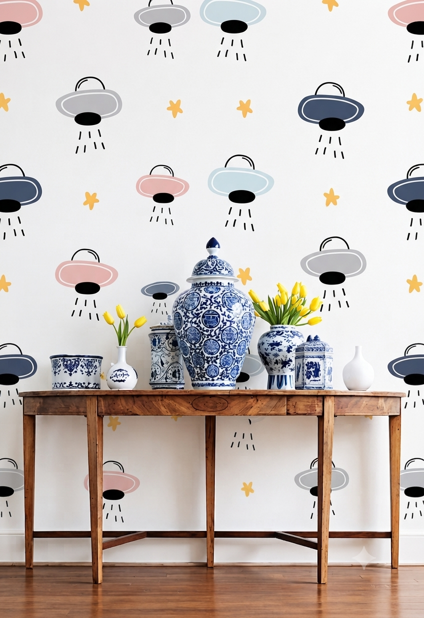 Cute UFO Spaceship & Stars Nursery Wallpaper - Pastel Spaceships Kids Room Peel and Stick / Traditional Wall Mural
