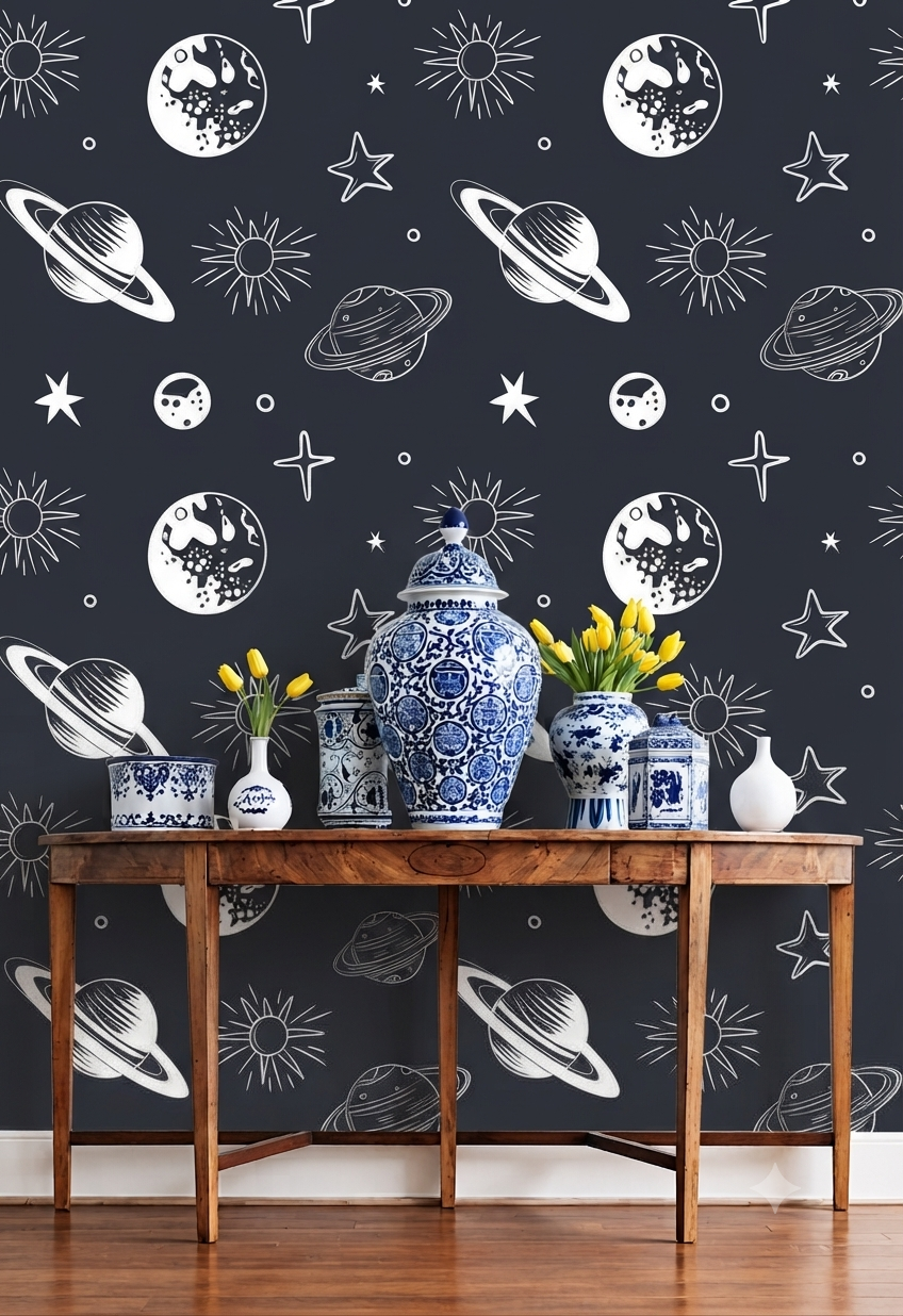 Dark Charcoal Outer Space & Planets Wallpaper - White Sketch Solar System, Saturn & Stars Kids Room Peel and Stick / Traditional Wall Mural