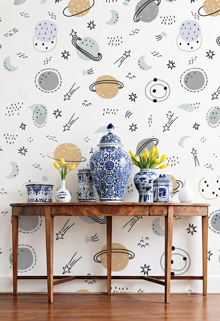 Boho Outer Space & Planets Nursery Wallpaper - Muted Pastel Solar System & Stars Kids Room Peel and Stick / Traditional Wall Mural