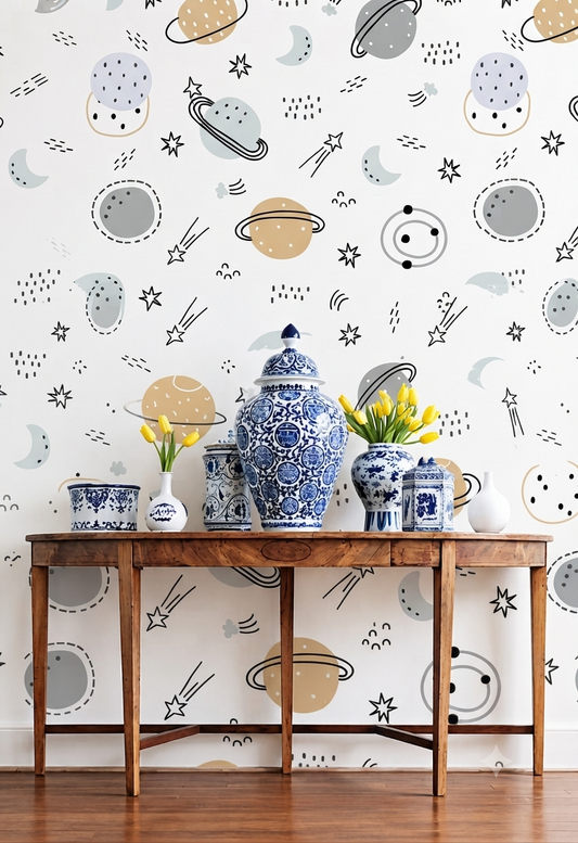 Boho Outer Space & Planets Nursery Wallpaper - Muted Pastel Solar System & Stars Kids Room Peel and Stick / Traditional Wall Mural