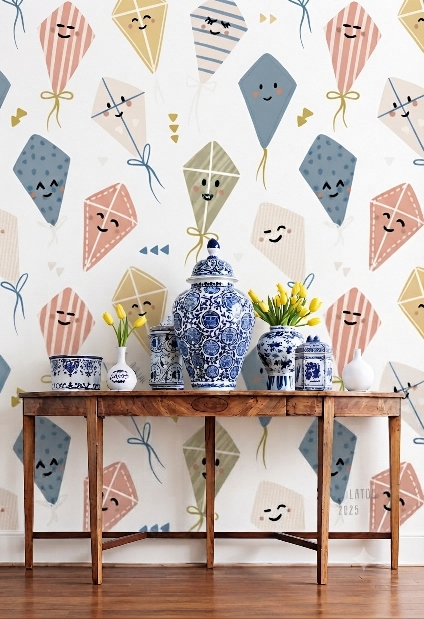Cute Smiling Flying Kites Nursery Wallpaper - Pastel Boho Flying Kite Kids Room Peel and Stick / Traditional Wall Mural