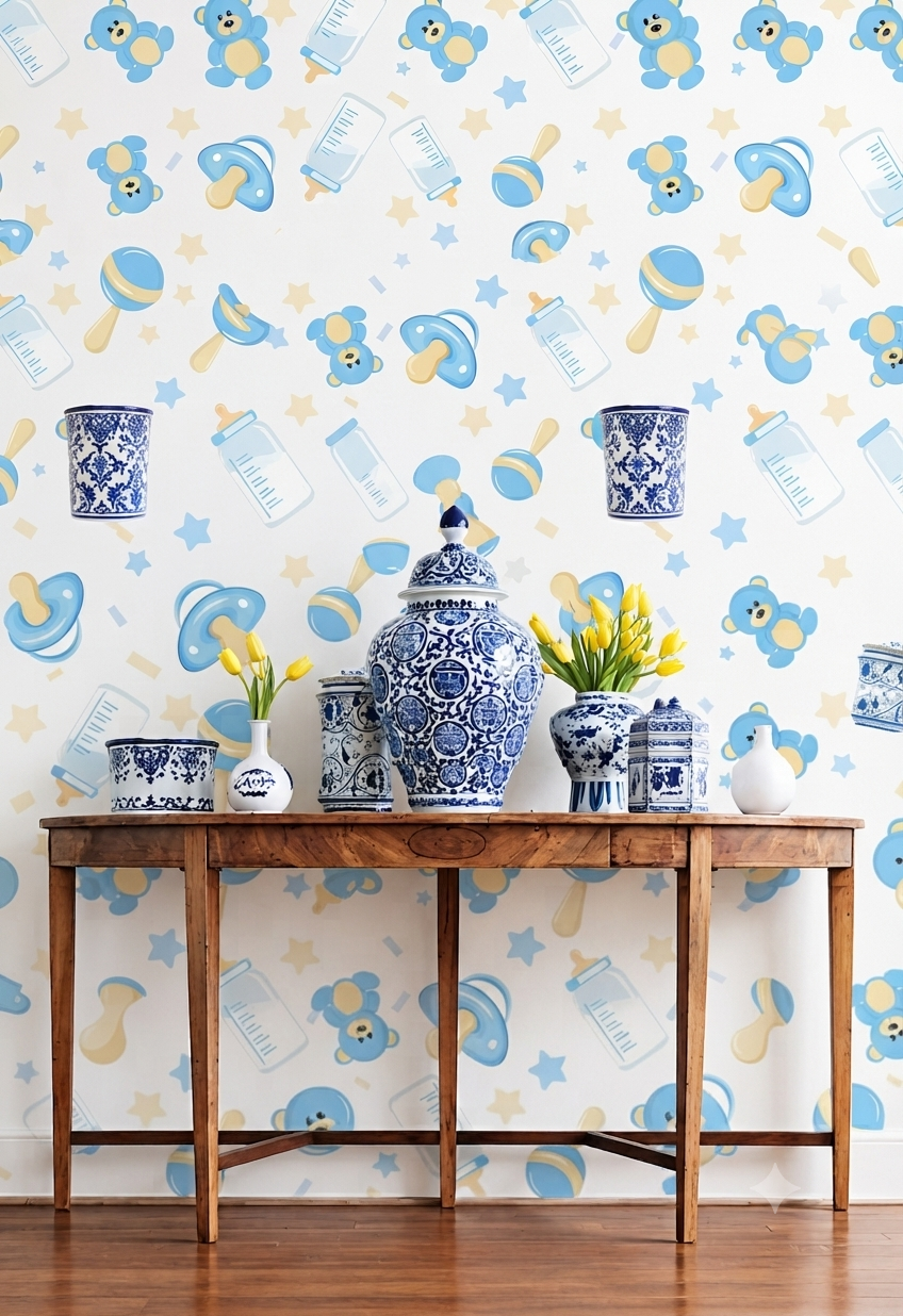 Cute Baby Blue Teddy Bear & Essentials Wallpaper -Pacifier, Feeding Bottle & Rattle Nursery Peel and Stick / Traditional Wall Mural