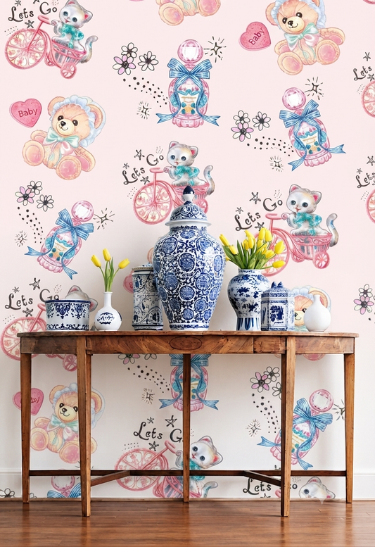 Vintage Baby Teddy Bear & Bicycle Cat Wallpaper - Pastel Pink Nursery Peel and Stick / Traditional Wall Mural