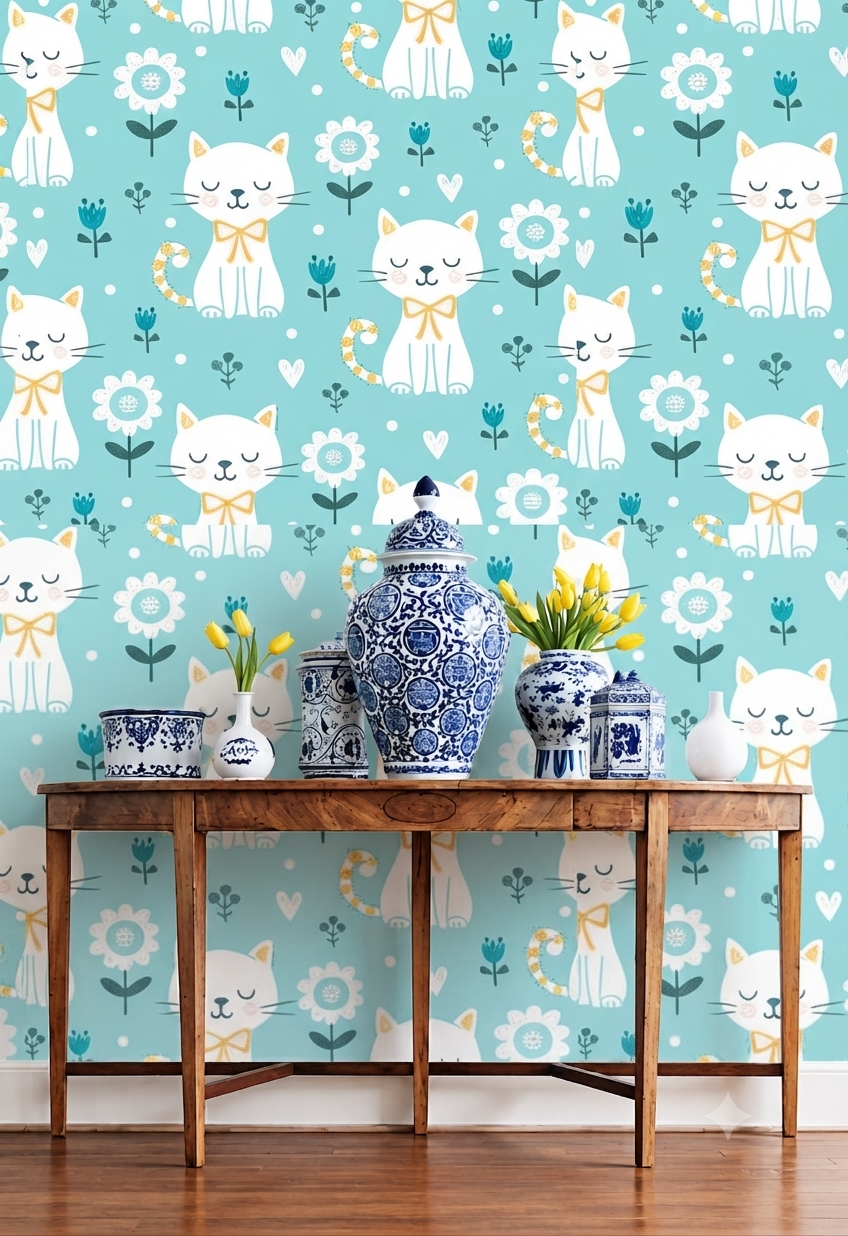 Cute White Cats with Yellow Bows Wallpaper  Aqua Blue Floral Nursery & Kids Room Peel and Stick / Traditional Wall Mural
