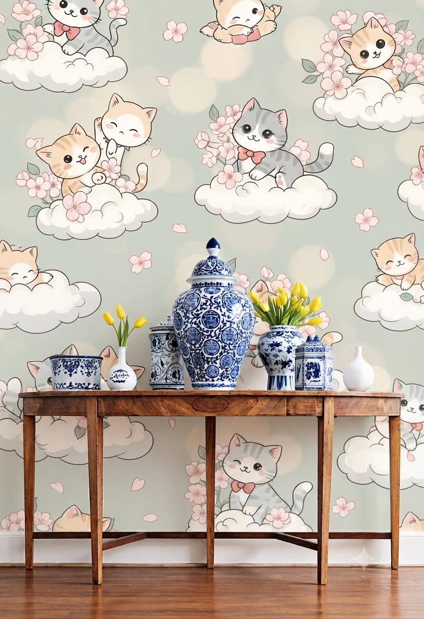Cute Kawaii Cats on Clouds Wallpaper - Pastel Nursery & Kids Room Peel and Stick / Traditional Wall Mural