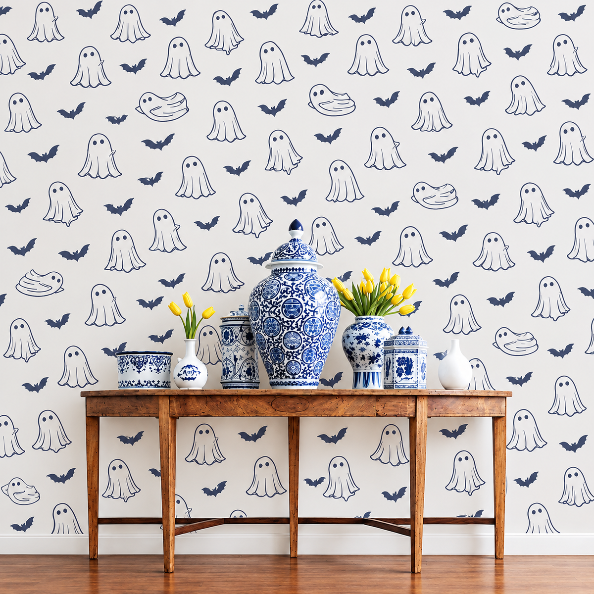 Cute Spooky Ghost & Bat Removable Wallpaper | Halloween & Nursery Accent Wall Decor | Peel and Stick / Traditional Wallpaper
