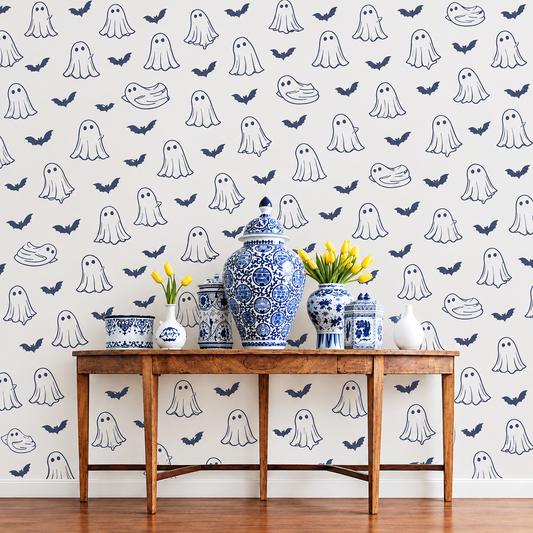 Cute Spooky Ghost & Bat Removable Wallpaper | Halloween & Nursery Accent Wall Decor | Peel and Stick / Traditional Wallpaper