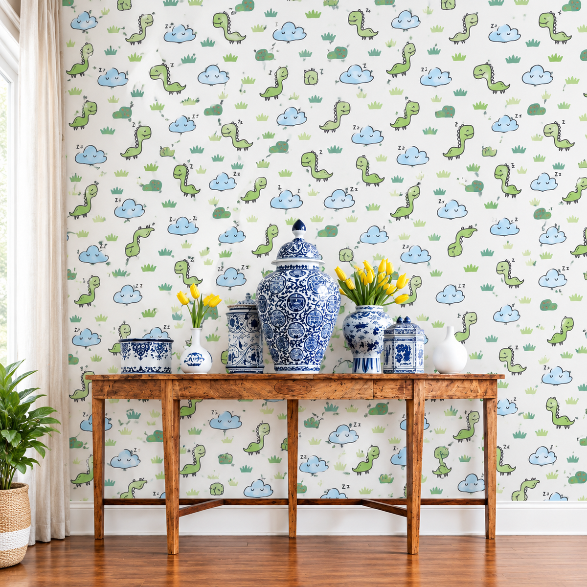 Cute Sleeping Dinosaur Wallpaper | Green Dino & Cloud Nursery Accent Wall | Peel and Stick / Traditional Wallpaper