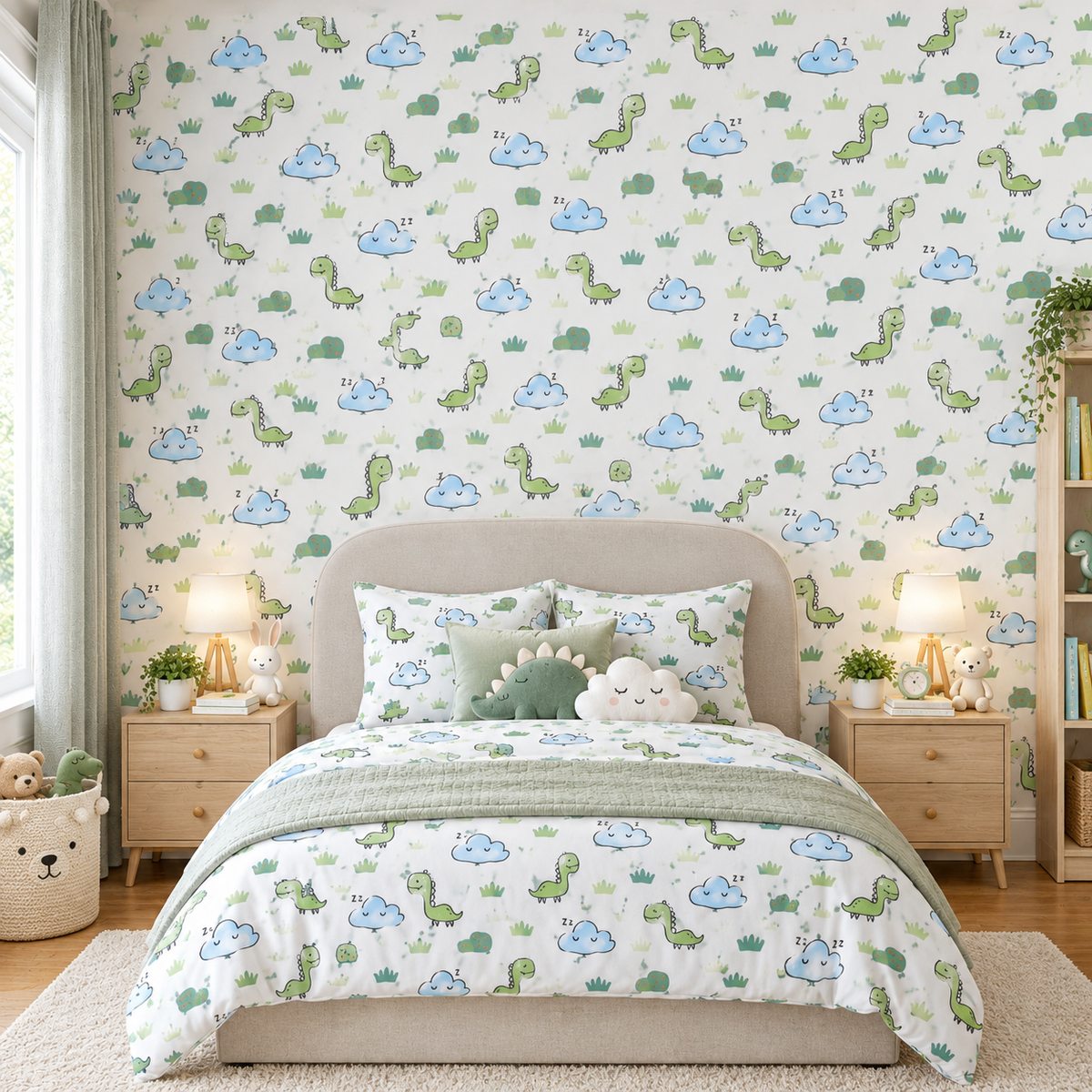 Cute Sleeping Dinosaur Wallpaper | Green Dino & Cloud Nursery Accent Wall | Peel and Stick / Traditional Wallpaper