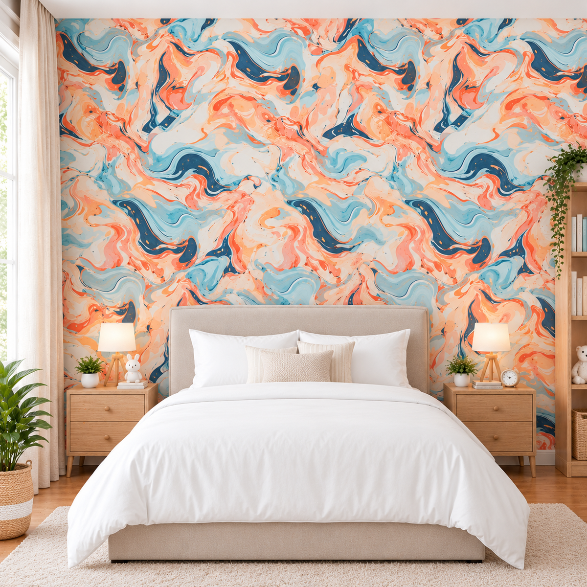 Blue and Coral Marble Swirl Wallpaper | Abstract Liquid Art Accent Wall | Peel and Stick / Traditional Wallpaper