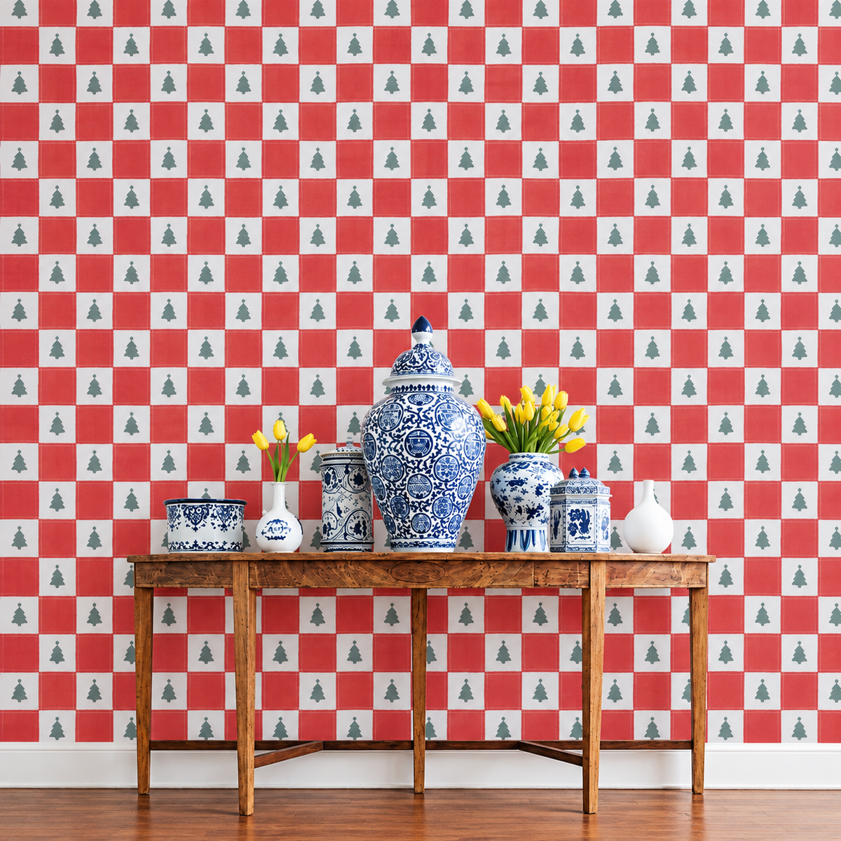 Red Checkerboard Christmas Tree Wallpaper | Festive Holiday Accent Wall | Peel and Stick / Traditional Wallpaper