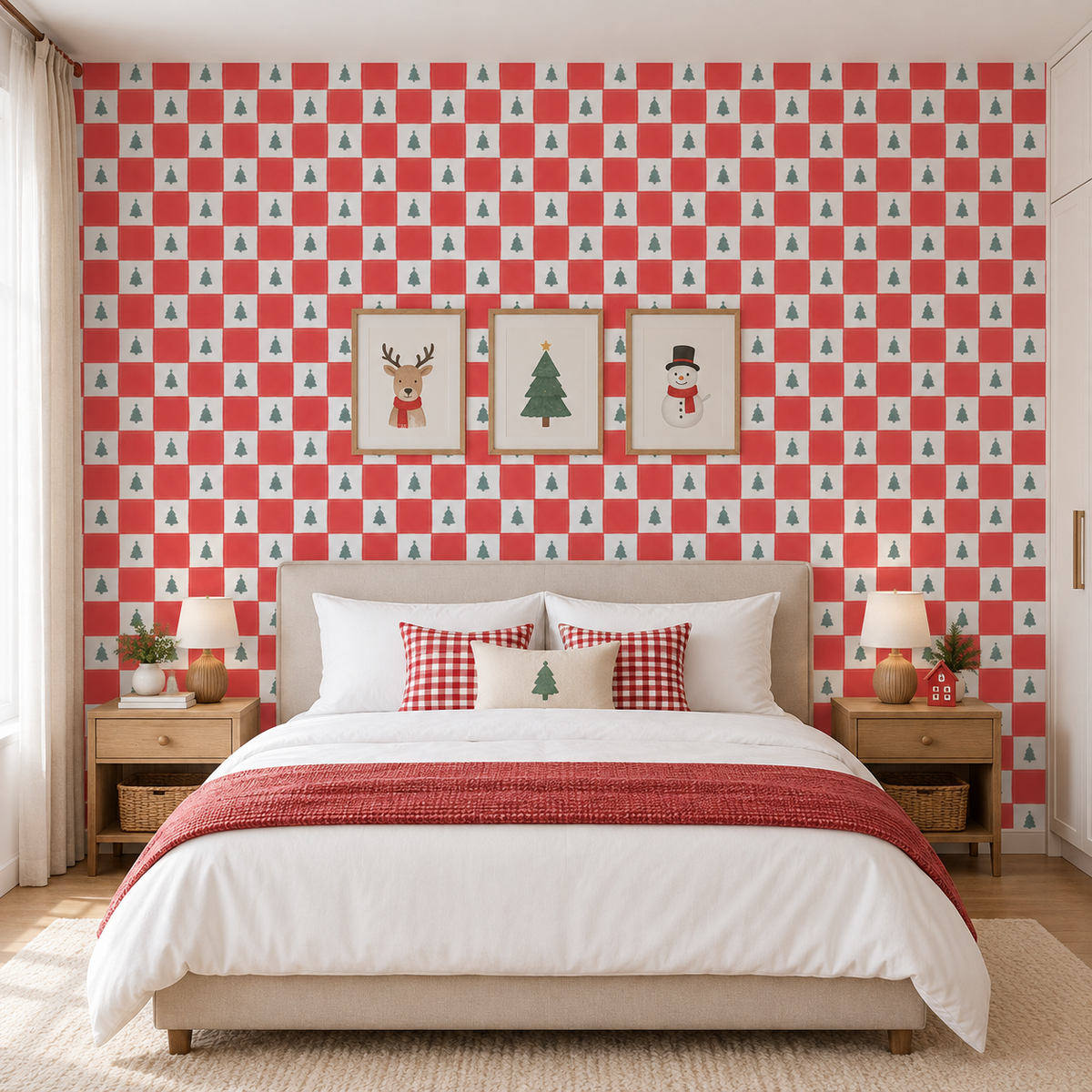 Red Checkerboard Christmas Tree Wallpaper | Festive Holiday Accent Wall | Peel and Stick / Traditional Wallpaper