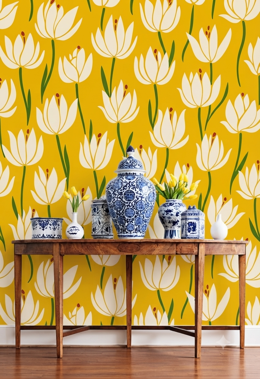 Floral Yellow Wall Wallpaper with White Lotus Flowers & Green Stems – Decorative Nature Pattern for Bedroom, Living Room & Home