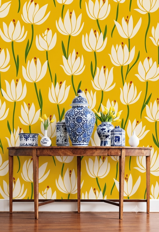 Floral Yellow Wall Wallpaper with White Lotus Flowers & Green Stems – Decorative Nature Pattern for Bedroom, Living Room & Home