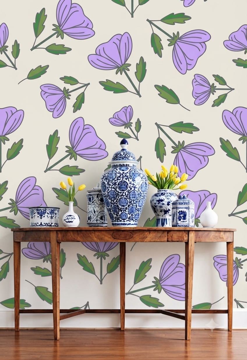 Purple Floral Wall Wallpaper with Green Leaves – Decorative Botanical Pattern for Bedroom, Living Room & Home