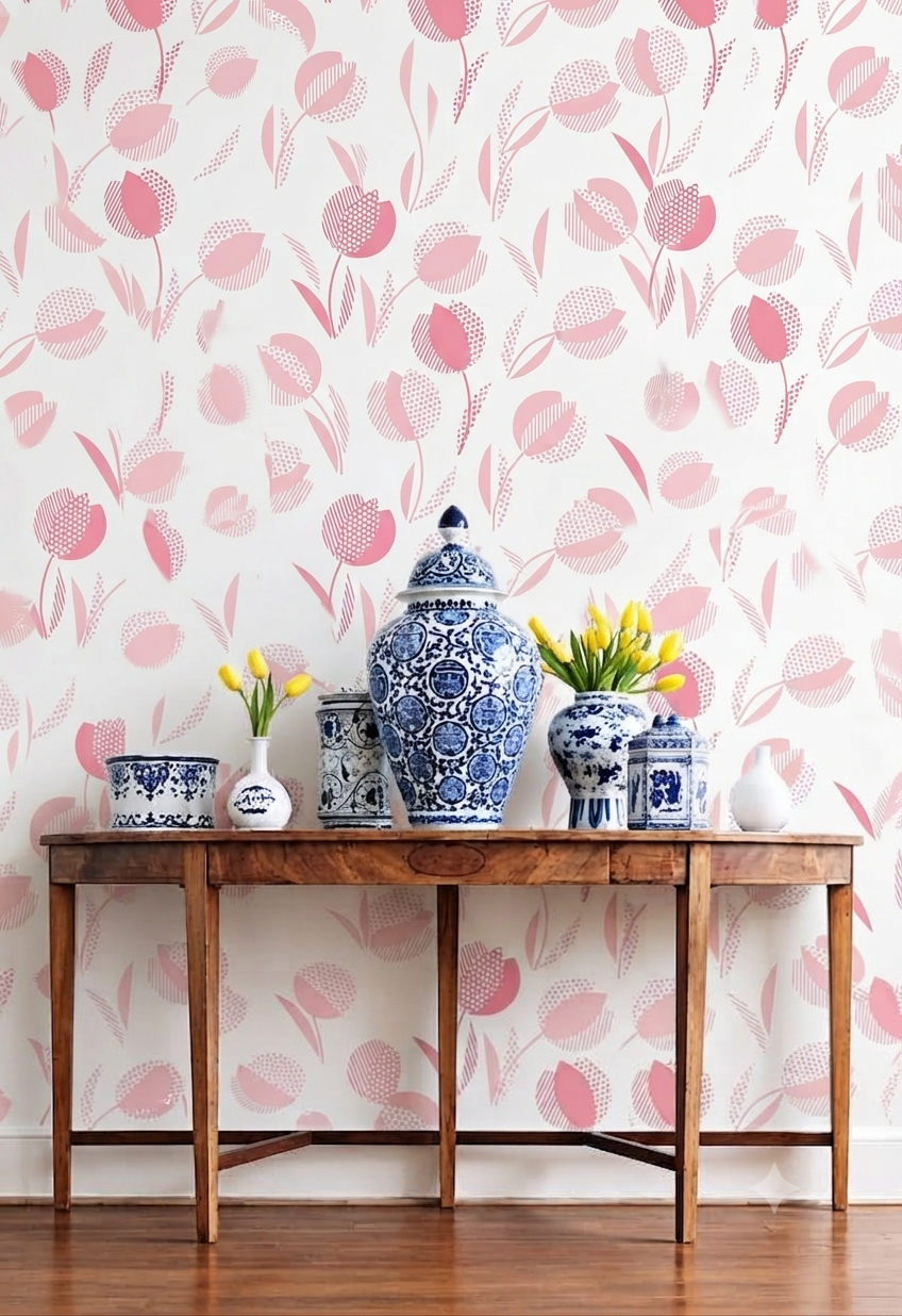 Pink Floral Leaf Wall Wallpaper – Elegant Botanical Pattern for Bedroom, Living Room & Home Decor