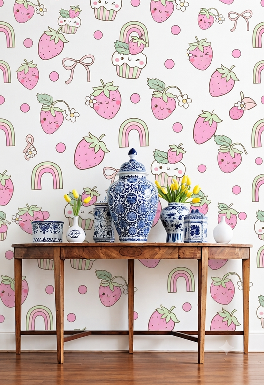 Cute Strawberry Cartoon Wallpaper | Kawaii Strawberry, Cupcake & Rainbow Printed Decorative Wall Wallpaper