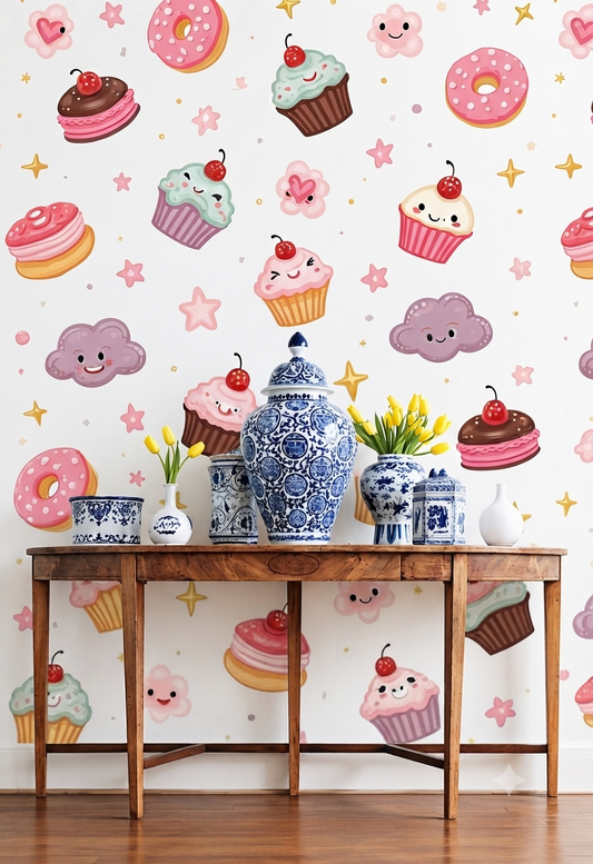 Cute Cupcake & Donut Cartoon Wallpaper | Kawaii Dessert, Cherry & Flower Printed Decorative Wall Wallpaper for Kids Room & Nursery