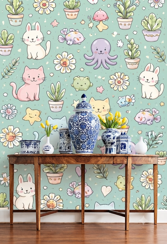 Cute Kawaii Animal & Floral Wallpaper | Bunny, Cat, Octopus, Fish & Plant Printed Decorative Wall Wallpaper
