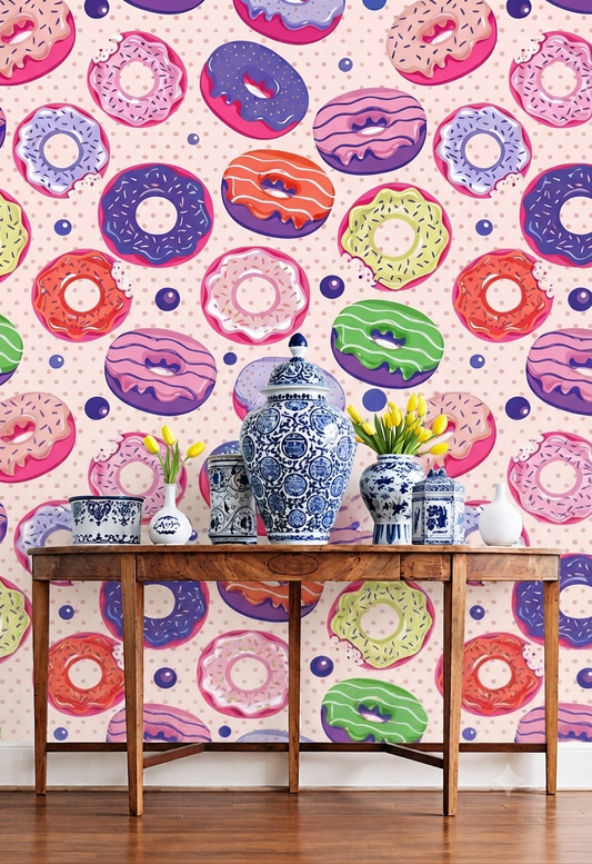 Colorful Donut Cartoon Wallpaper | Kawaii Donut & Sprinkles Printed Decorative Wall Wallpaper for Kids Room, Café & Bakery