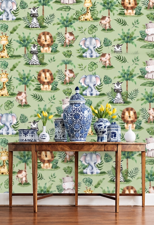 Cute Jungle Safari Animal Wallpaper | Elephant, Lion, Giraffe, Zebra & Monkey Tropical Forest Printed Wall Wallpaper