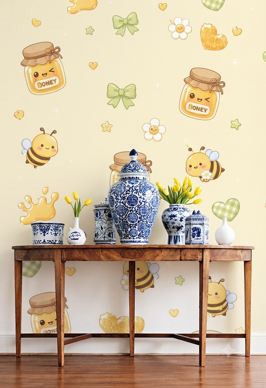 Cute Honey Bee Cartoon Decorative Wallpaper | Honey Jar & Bee Printed Wall Wallpaper for Kids Room, Nursery & Home Décor