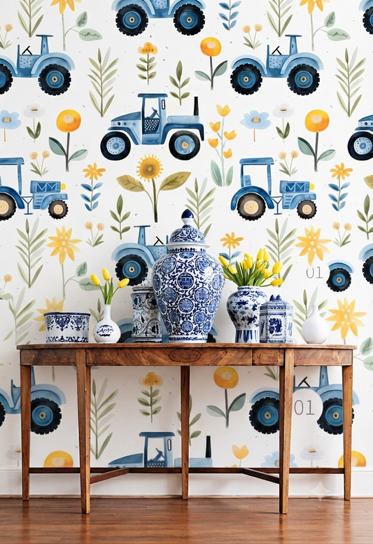 Cute Tractor & Floral Wallpaper | Blue Tractor, Flowers & Botanical Printed Decorative Wall Wallpaper for Kids Room & Nursery