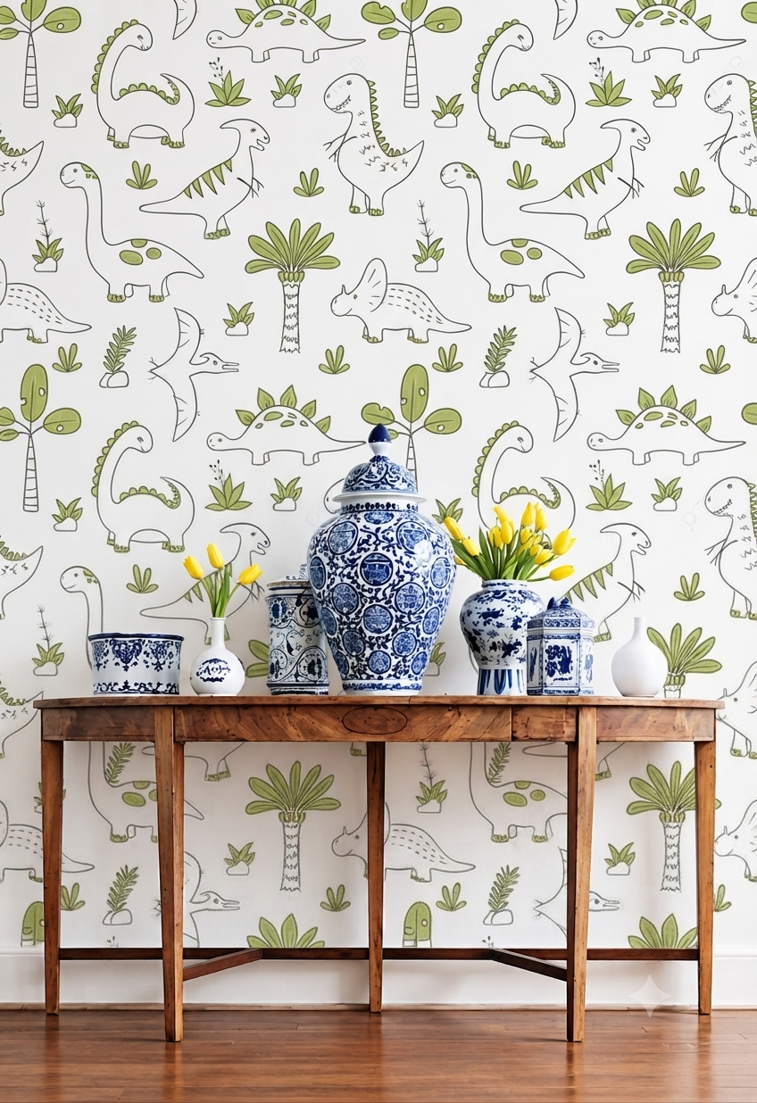 Cute Dinosaur Cartoon Wallpaper | Dinosaur, Palm Tree & Tropical Leaf Printed Decorative Wall Wallpaper for Kids Room & Nursery