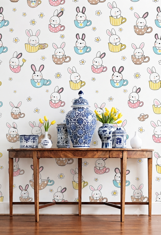 Cute Bunny Cartoon Wallpaper | Adorable Rabbit in Tea Cup, Floral & Pastel Printed Decorative Wall Wallpaper