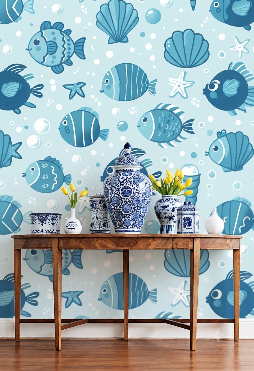 Cute Underwater Fish Cartoon Wallpaper | Blue Fish, Seashell & Starfish Ocean Theme Decorative Wall Wallpaper