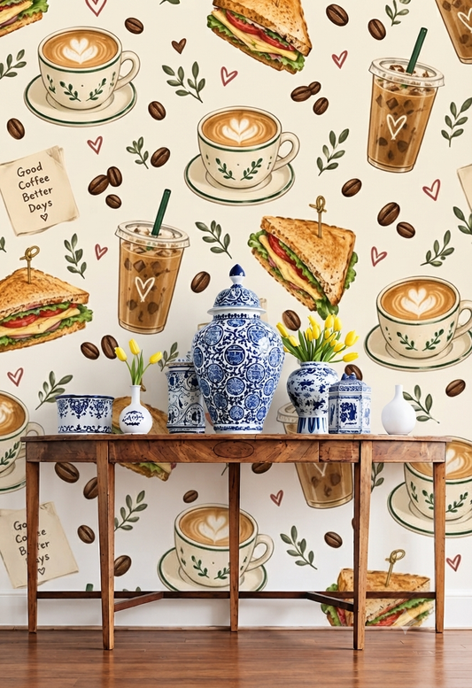 Coffee & Sandwich Kitchen Wallpaper | Cute Coffee Cup, Iced Coffee, Sandwich & Coffee Bean Printed Decorative Wall Wallpaper