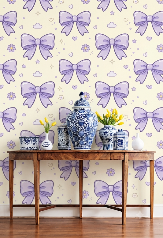 Purple Bow Wallpaper | Cute Lavender Bow, Flower, Heart & Star Printed Decorative Wall Wallpaper