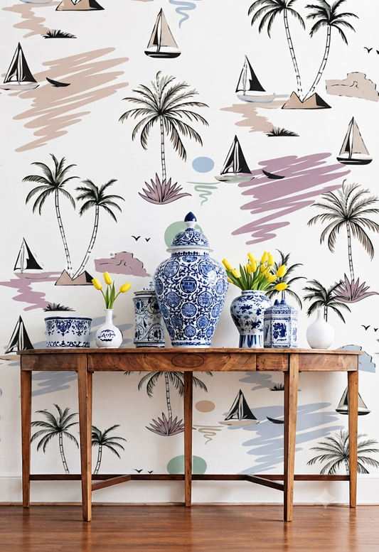 Tropical Beach Wallpaper | Palm Tree & Sailboat Printed Decorative Wall Wallpaper