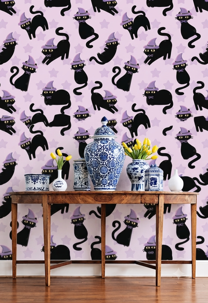 Halloween Cat Wallpaper | Black Witch Cat & Star Printed Decorative Wall Wallpaper