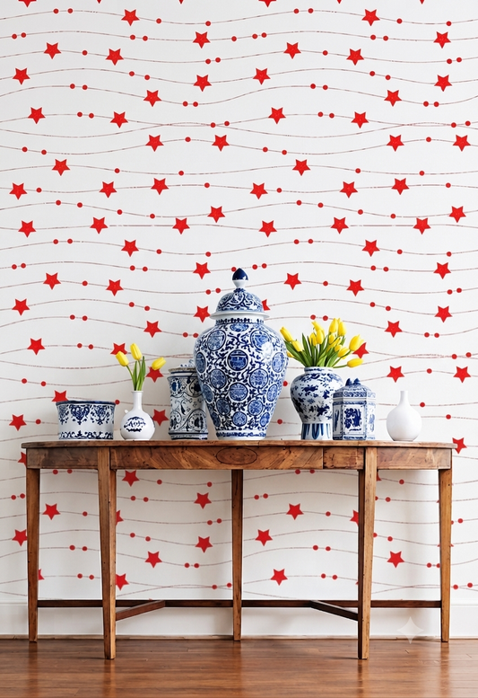 Red Star Wallpaper | Red Star & Wavy Line Printed Decorative Wall Wallpaper