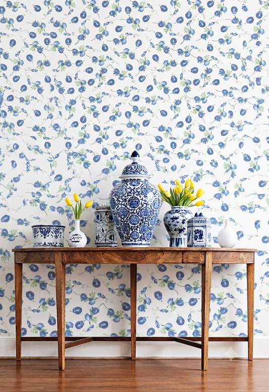 Blue Floral Wallpaper | Blue Flower & Leaf Printed Decorative Wall Wallpaper
