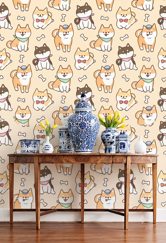 Cute Dog Wallpaper | Cartoon Shiba Inu Dogs & Bone Printed Decorative Wall Wallpaper