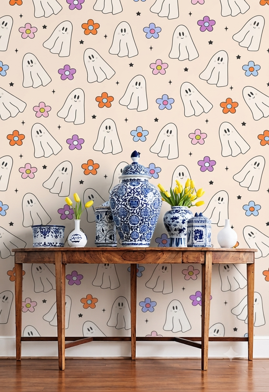 Cute Ghost Wallpaper | Cartoon Ghost, Colorful Flower & Star Printed Wall Wallpaper