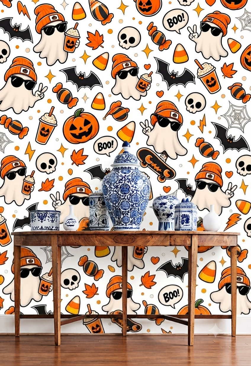 Halloween Ghost Wallpaper | Cute Ghost, Pumpkin, Bat & Skull Printed Decorative Wall Wallpaper
