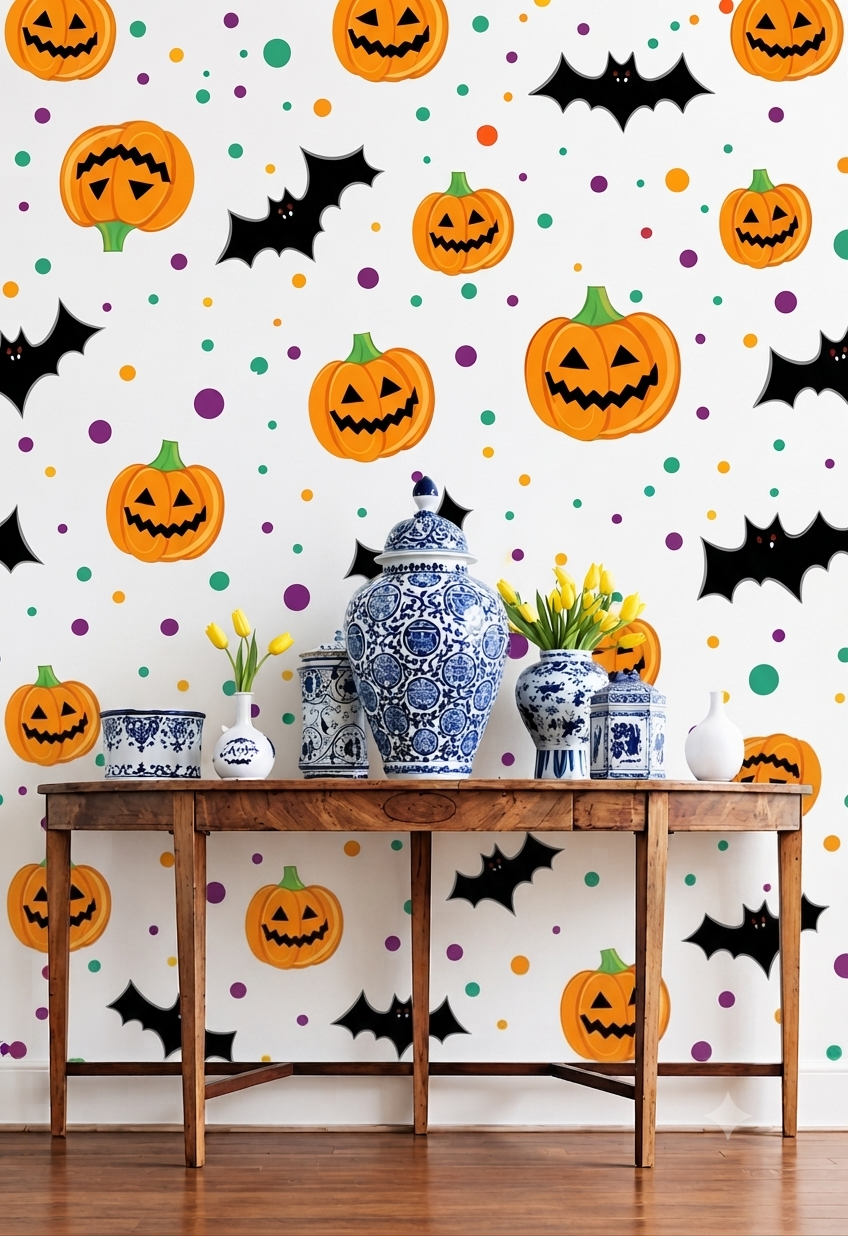 Halloween Pumpkin & Bat Wallpaper | Jack-O-Lantern, Bat & Colorful Confetti Printed Decorative Wall Wallpaper