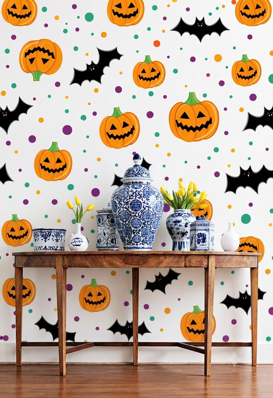 Halloween Pumpkin & Bat Wallpaper | Jack-O-Lantern, Bat & Colorful Confetti Printed Decorative Wall Wallpaper