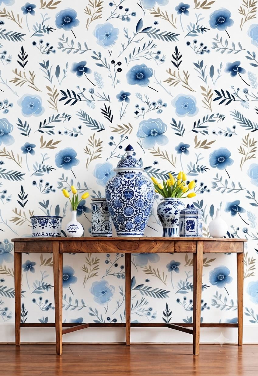 Blue Floral Wallpaper | Watercolor Flower & Leaf Pattern Printed Decorative Wall Wallpaper
