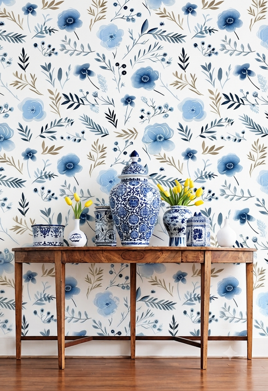 Blue Floral Wallpaper | Watercolor Flower & Leaf Pattern Printed Decorative Wall Wallpaper