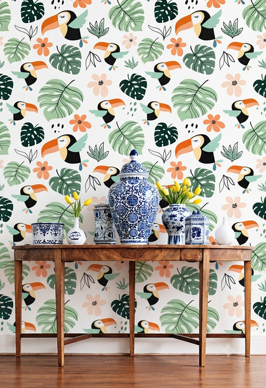 Tropical Toucan & Leaf Wallpaper | Jungle Bird, Monstera Leaf & Floral Printed Decorative Wall Wallpaper