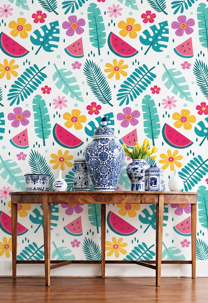 Tropical Watermelon & Floral Wallpaper | Colorful Monstera Leaf, Flower & Fruit Printed Decorative Wall Wallpaper
